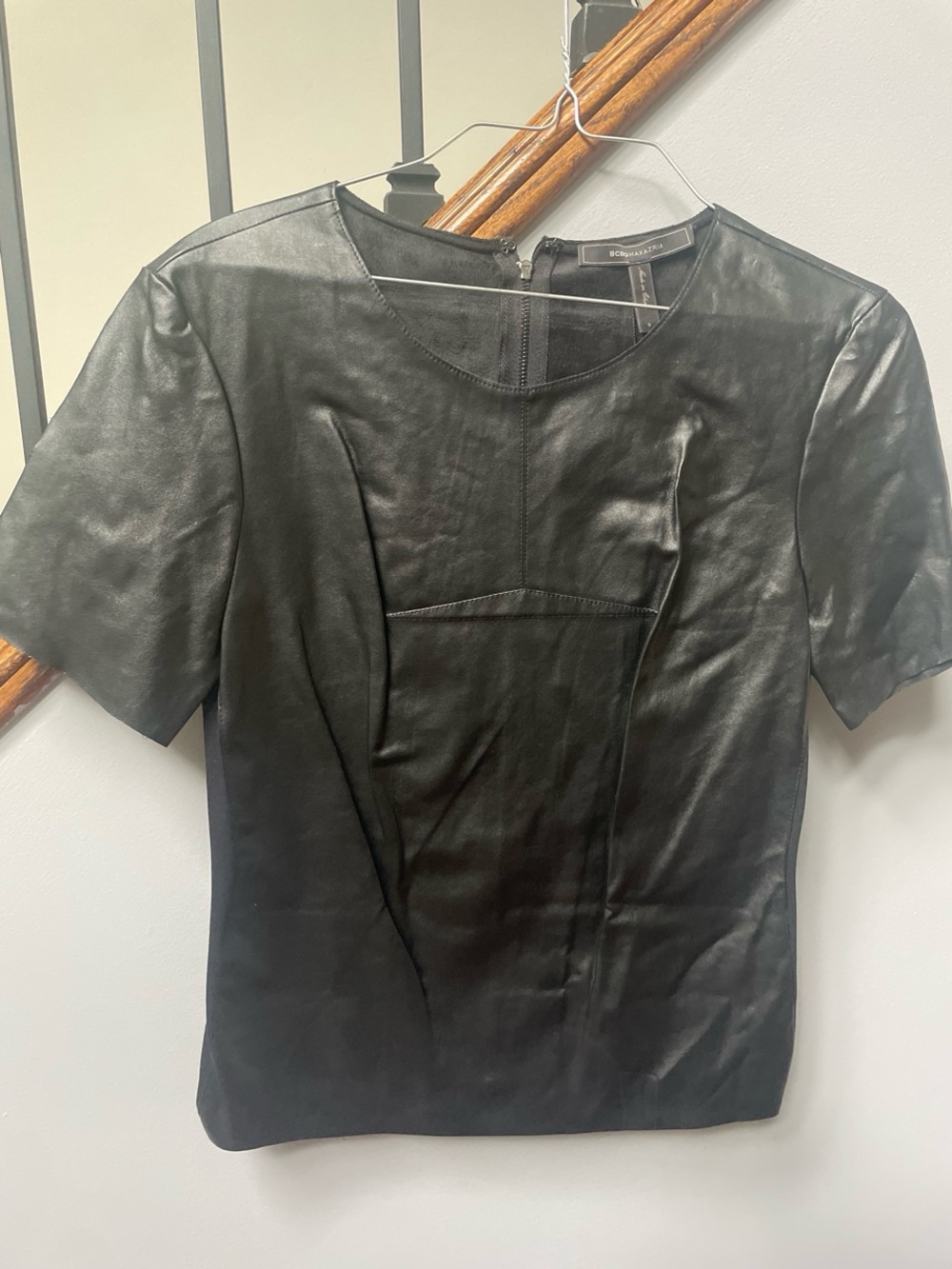BCBGMaxAzria Black Faux Leather Short Sleeve Tee